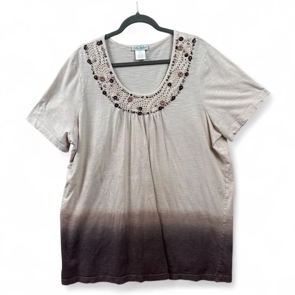 Ulla Popken T-Shirt Size 20/22 Brown Tan Tie Dye Crochet Beaded Beach Casual Top